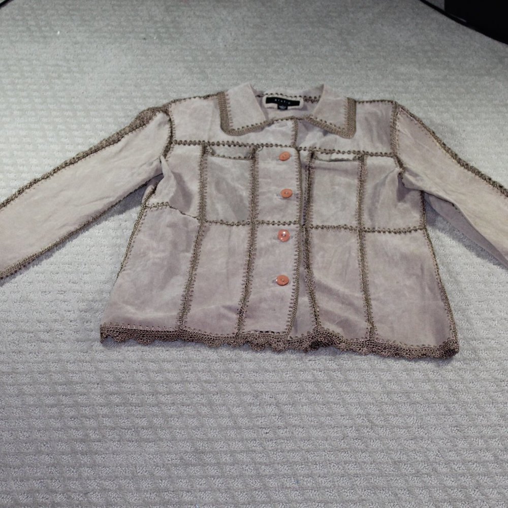 VINTAGE 90s Static Size Large Light Tan Leather and Crocheted Jacket